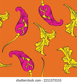 seamless pattern with fantasy flowers, natural wallpaper, and floral decoration Indian style, curl illustration. Paisley prints hand-drawn elements. Home decor.