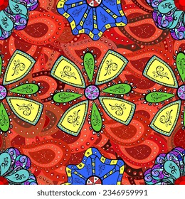 seamless pattern with fantasy flowers, natural wallpaper, floral decoration curl illustration. Paisley print hand drawn elements. Home decor. Red, yellow, blue.