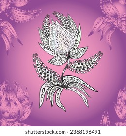 Nahtloses Muster mit Fantasy-Blumen, Naturhintergrund, Blumendekoration, kurvenreiche Illustration. Paisley drucken handgezeichnete Elemente. Die Innendekoration. Rosa. Weiß.