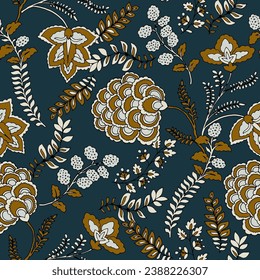 Seamless pattern with fantasy flowers, natural wallpaper, floral decoration curl illustration. Paisley print hand drawn elements. Home decor.