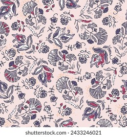 Seamless pattern with fantasy flowers, natural wallpaper, floral decoration curly illustration. Paisley printed hand drawn elements.