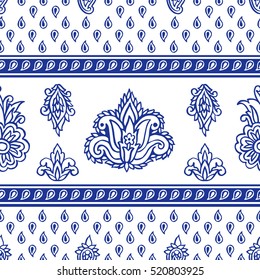 Seamless pattern with fantasy flowers, natural wallpaper, floral decoration curl illustration. Paisley print hand drawn elements.