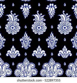 Seamless pattern with fantasy flowers, natural wallpaper, floral decoration curl illustration. Paisley print hand drawn elements.