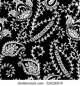 Seamless pattern with fantasy flowers, natural wallpaper, floral decoration curl illustration. Paisley print hand drawn elements.
