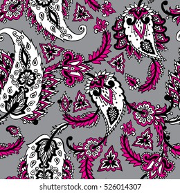 Seamless pattern with fantasy flowers, natural wallpaper, floral decoration curl illustration. Paisley print hand drawn elements.
