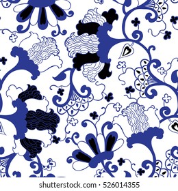 Seamless pattern with fantasy flowers, natural wallpaper, floral decoration curl illustration. Paisley print hand drawn elements.
