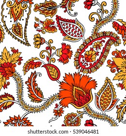 Padrão sem costura com flores de fantasia, papel de parede natural, decoração floral ondulação ilustração. Paisley imprimir elementos desenhados à mão. Impressão em bloco.