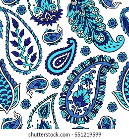 Seamless pattern with fantasy flowers, natural wallpaper, floral decoration curl illustration. Paisley print hand drawn elements. Block print.