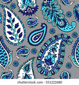 Seamless pattern with fantasy flowers, natural wallpaper, floral decoration curl illustration. Paisley print hand drawn elements. Block print.