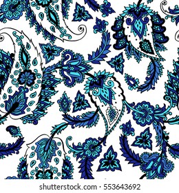 Seamless pattern with fantasy flowers, natural wallpaper, floral decoration curl illustration. Paisley print hand drawn elements. Block print.