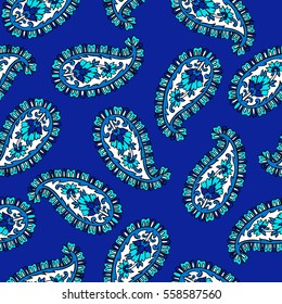 Seamless pattern with fantasy flowers, natural wallpaper, floral decoration curl illustration. Paisley print hand drawn elements. Block print.