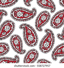 Seamless pattern with fantasy flowers, natural wallpaper, floral decoration curl illustration. Paisley print hand drawn elements. Block print.