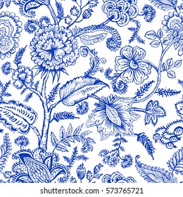 Seamless pattern with fantasy flowers, natural wallpaper, floral decoration curl illustration. Paisley print hand drawn elements. Home decor.