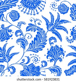Seamless pattern with fantasy flowers, natural wallpaper, floral decoration curl illustration. Paisley print hand drawn elements. Home decor.