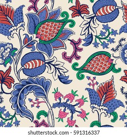Seamless pattern with fantasy flowers, natural wallpaper, floral decoration curl illustration. Paisley print hand drawn elements. Home decor.