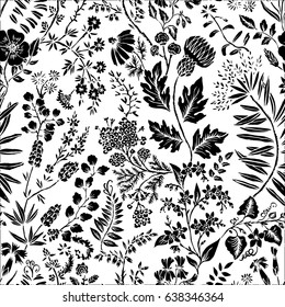 Seamless pattern with fantasy flowers, natural wallpaper, floral decoration curl illustration. Paisley print hand drawn elements. Home decor.