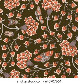 Seamless pattern with fantasy flowers, natural wallpaper, floral decoration curl illustration. Paisley print hand drawn elements. Home decor.