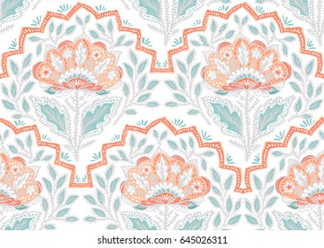 Seamless pattern with fantasy flowers, natural wallpaper, floral decoration curl illustration. Paisley print hand drawn elements. Home decor.