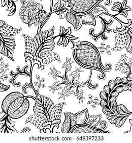 Seamless pattern with fantasy flowers, natural wallpaper, floral decoration curl illustration. Paisley print hand drawn elements. Home decor.
