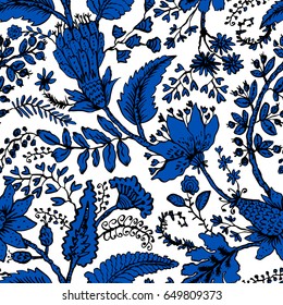 Seamless pattern with fantasy flowers, natural wallpaper, floral decoration curl illustration. Paisley print hand drawn elements. Home decor.