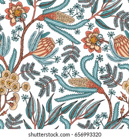 Seamless pattern with fantasy flowers, natural wallpaper, floral decoration curl illustration. Paisley print hand drawn elements. Home decor.