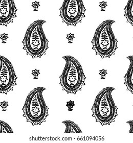 Seamless pattern with fantasy flowers, natural wallpaper, floral decoration curl illustration. Paisley print hand drawn elements. Home decor.