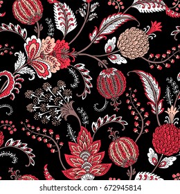 Seamless pattern with fantasy flowers, natural wallpaper, floral decoration curl illustration. Paisley print hand drawn elements. Home decor.