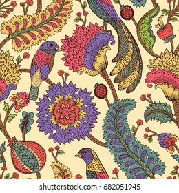 Seamless pattern with fantasy flowers, natural wallpaper, floral decoration curl illustration. Paisley print hand drawn elements. Home decor. Jacobean embroidery.