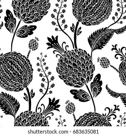 Seamless pattern with fantasy flowers, natural wallpaper, floral decoration curl illustration. Paisley print hand drawn elements. Home decor. Jacobean embroidery.