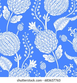 Seamless pattern with fantasy flowers, natural wallpaper, floral decoration curl illustration. Paisley print hand drawn elements. Home decor. Jacobean embroidery.