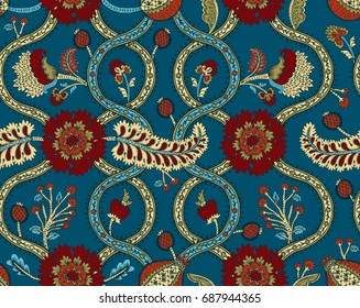 Seamless pattern with fantasy flowers, natural wallpaper, floral decoration curl illustration. Paisley print hand drawn elements. Home decor. Jacobean embroidery.