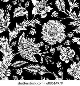 Seamless pattern with fantasy flowers, natural wallpaper, floral decoration curl illustration. Paisley print hand drawn elements. Home decor. Jacobean embroidery.