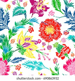 Seamless pattern with fantasy flowers, natural wallpaper, floral decoration curl illustration. Paisley print hand drawn elements. Home decor.