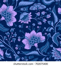 Seamless pattern with fantasy flowers, natural wallpaper, floral decoration curl illustration. Paisley print hand drawn elements. Home decor.