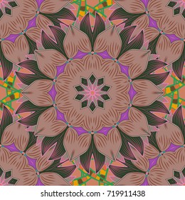 Seamless pattern with fantasy flowers, natural wallpaper, floral decoration curl illustration. Paisley print hand drawn elements. Home decor.