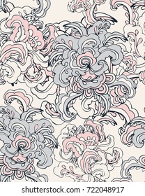 Seamless pattern with fantasy flowers, natural wallpaper, floral decoration curl illustration. Paisley print hand drawn elements. 