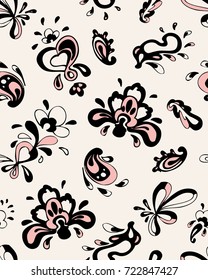 Seamless pattern with fantasy flowers, natural wallpaper, floral decoration curl illustration. Paisley print hand drawn elements. 