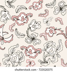 Seamless pattern with fantasy flowers, natural wallpaper, floral decoration curl illustration. Paisley print hand drawn elements. 