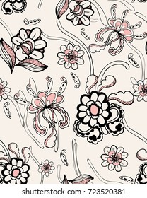 Seamless pattern with fantasy flowers, natural wallpaper, floral decoration curl illustration. Paisley print hand drawn elements. 