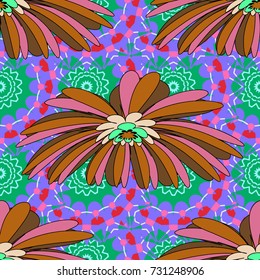 Seamless pattern with fantasy flowers, natural wallpaper, orange, pink and violet floral decoration curl illustration. Vector paisley print hand drawn elements. Home decor.