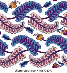 Seamless pattern with fantasy flowers, natural wallpaper, floral decoration curl illustration. Paisley print hand drawn elements. Home decor. Jacobean embroidery.