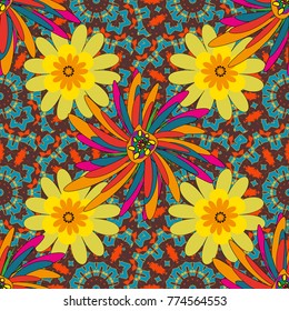 Seamless pattern with fantasy flowers, natural wallpaper, brown, blue and yellow floral decoration curl illustration. Vector paisley print hand drawn elements. Home decor.
