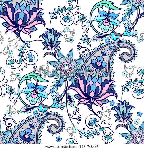 空想の花とシームレスな柄 ペイズリー 花柄の壁紙 織物 織物 包み紙の装飾品 藍色の伝統的なペイズリー柄 のベクター画像素材 ロイヤリティフリー 1491748445
