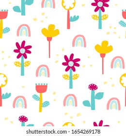 Seamless pattern with fantasy flowers and rainbow. Kids cute print. Vector hand drawn ilustration.