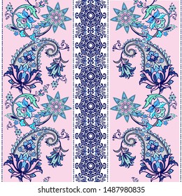 Seamless pattern with fantasy flowers, wallpape. Floral decoration  border. Paisley print hand drawn elements. 
floral decoration curl illustration.