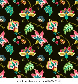 Seamless pattern with fantasy flowers. Whimsical floral colorful  Jacobean style on a black background. 
