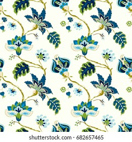 Seamless pattern with fantasy flowers. Whimsical floral Jacobean background
