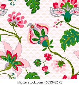 Seamless pattern with fantasy flowers. Whimsical floral Jacobean style on a textured pastel background