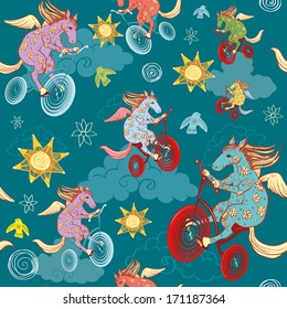 seamless pattern with fantasy horses, pegasus rides a bicycle in the sky