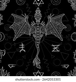 Motif harmonieux d'illustrations fantastiques de dragon, de géométrie sacrée, de symboles mystiques et d'éléments décorés. Arrière-plan Image vectorielle line art avec concept vintage, épique et aventures 